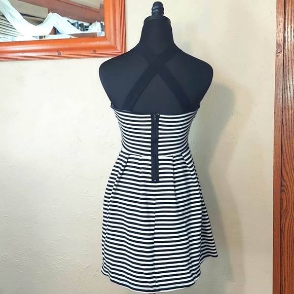 Juniors So Black and White Striped Fit and Flare Cross Cross Strap Dress - Picture 3 of 7